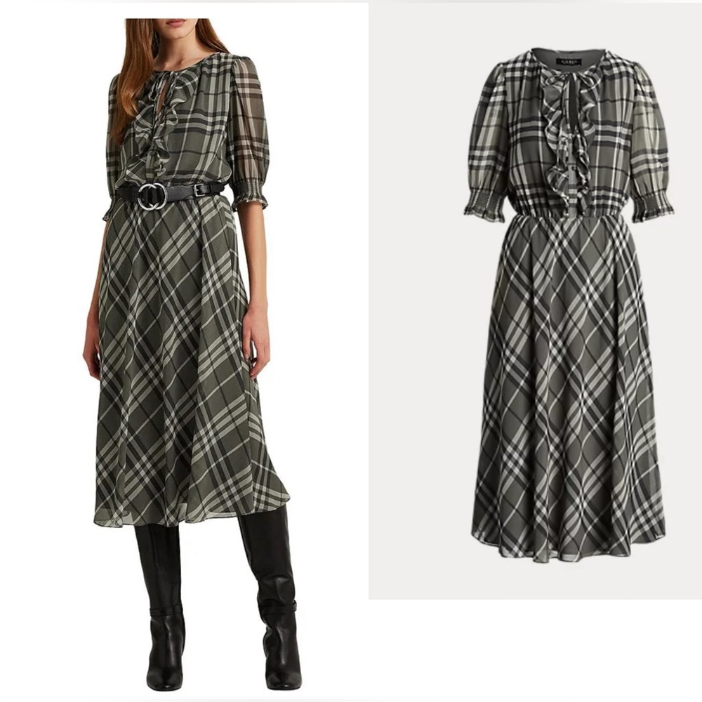 NWT Lauren Ralph Lauren women's plaid crinkle georgette tie-neck dress Size 14